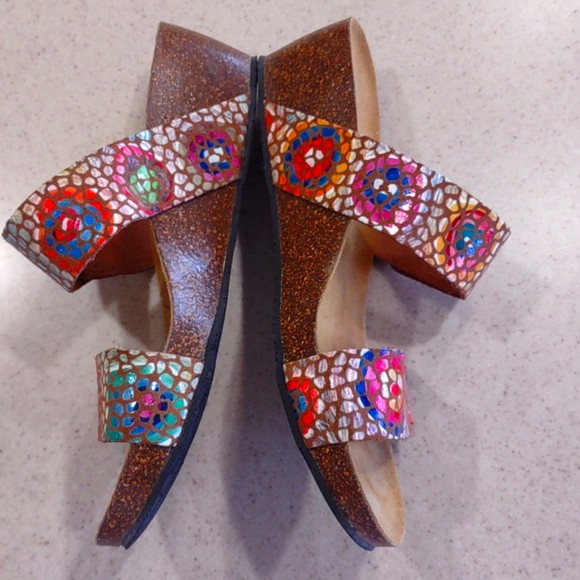 Eric Michael Liat Tan Mosaic Leather Wedge Dual Strap Slide Sandal Size 40/9 EUC - Picture 3 of 10